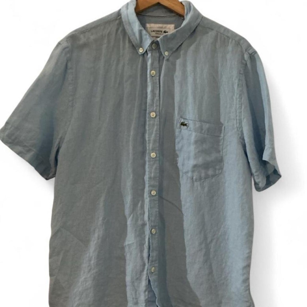 Lacoste Linen Button Down Shirt Mens XL Blue Good Short Sleeve Regular Fit